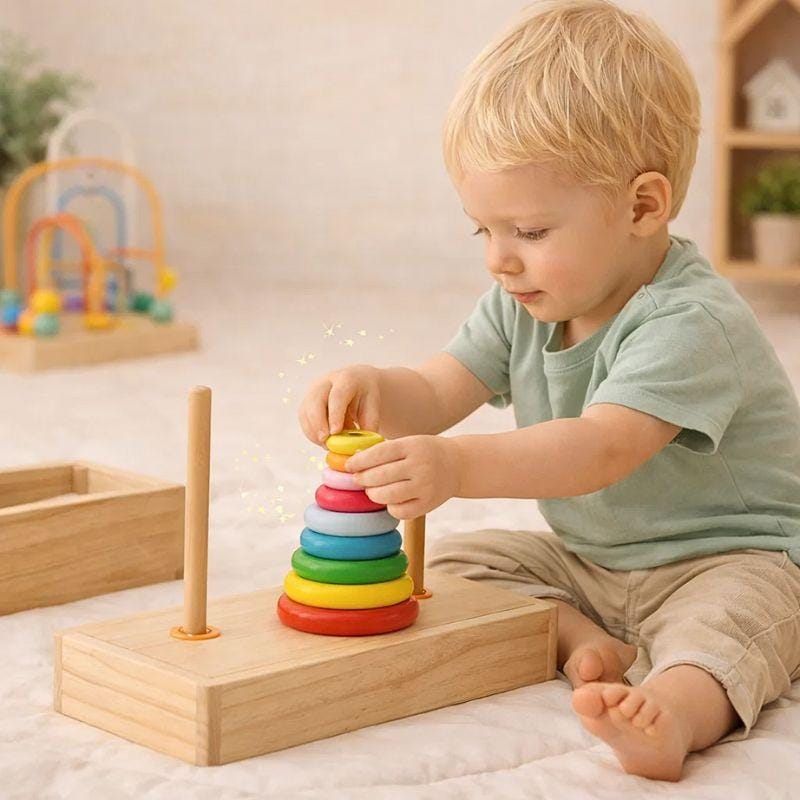 Anneaux Montessori sur Tige en Bois | Tour de Hanoï – Logique & Motricité