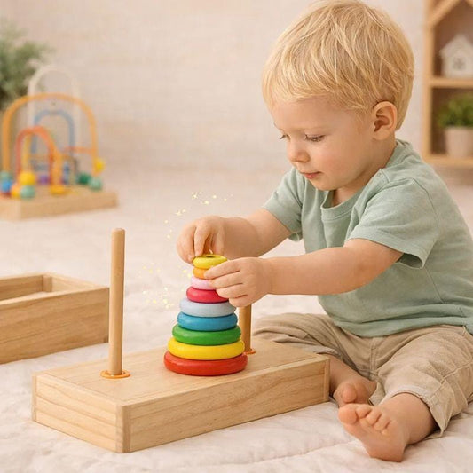 Anneaux Montessori sur Tige en Bois | Tour de Hanoï – Logique & Motricité