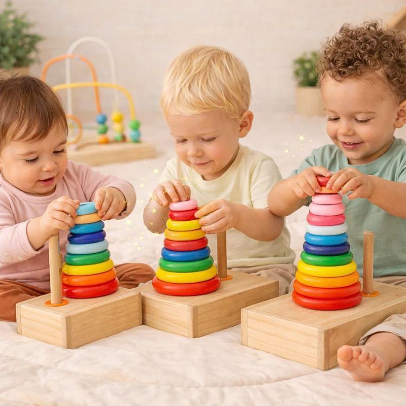 Anneaux Montessori sur Tige en Bois | Tour de Hanoï – Logique & Motricité