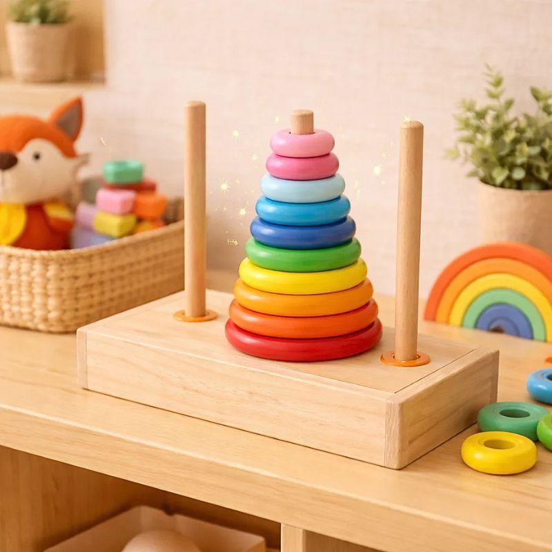 Anneaux Montessori sur Tige en Bois | Tour de Hanoï – Logique & Motricité