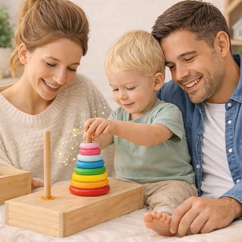 Anneaux Montessori sur Tige en Bois | Tour de Hanoï – Logique & Motricité