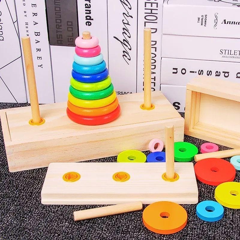 Anneaux Montessori sur Tige en Bois | Tour de Hanoï – Logique & Motricité