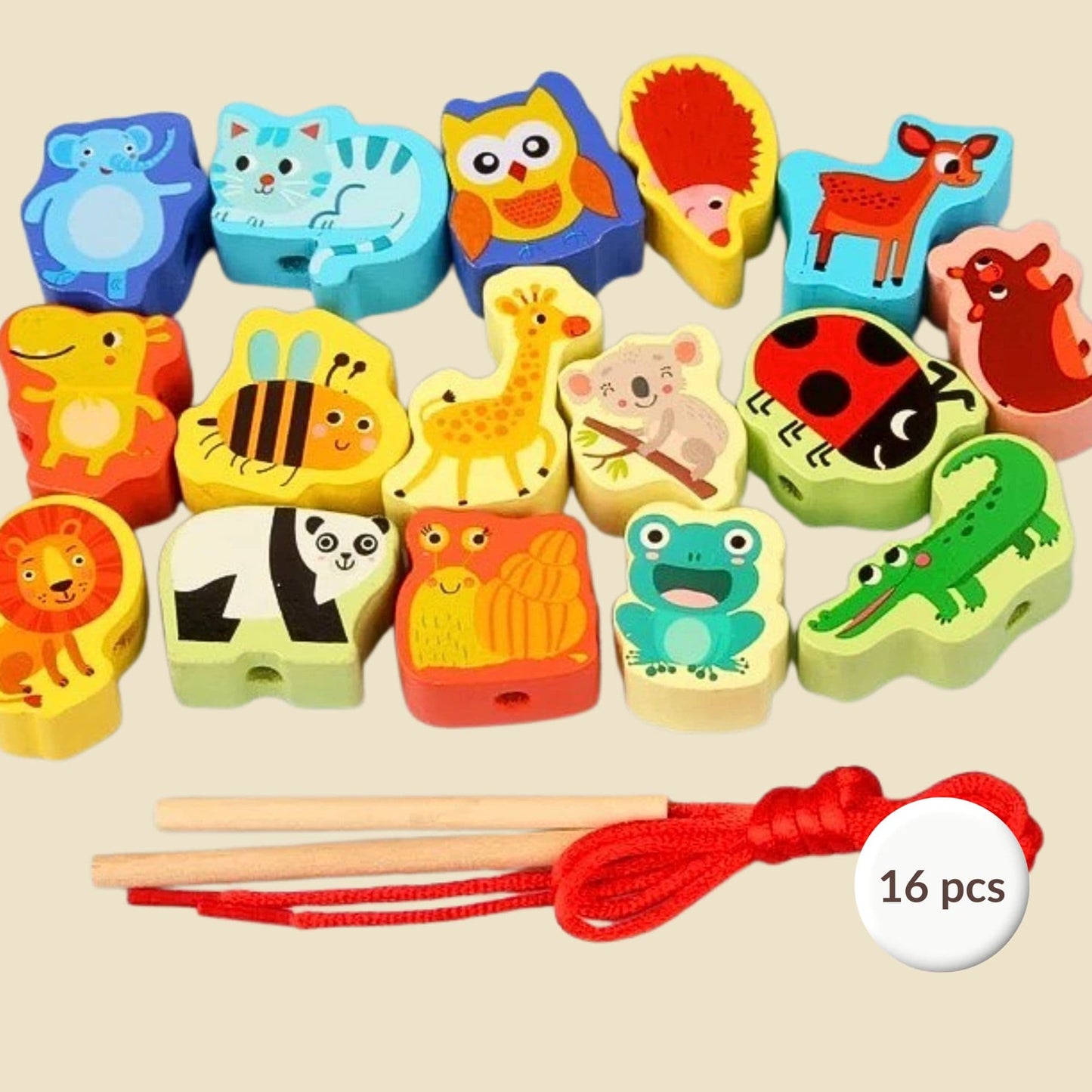 Jeux Montessori 2 ans | Tige à Enfiler – Motricité Fine & Premiers Apprentissages Les Animaux (16Pc)