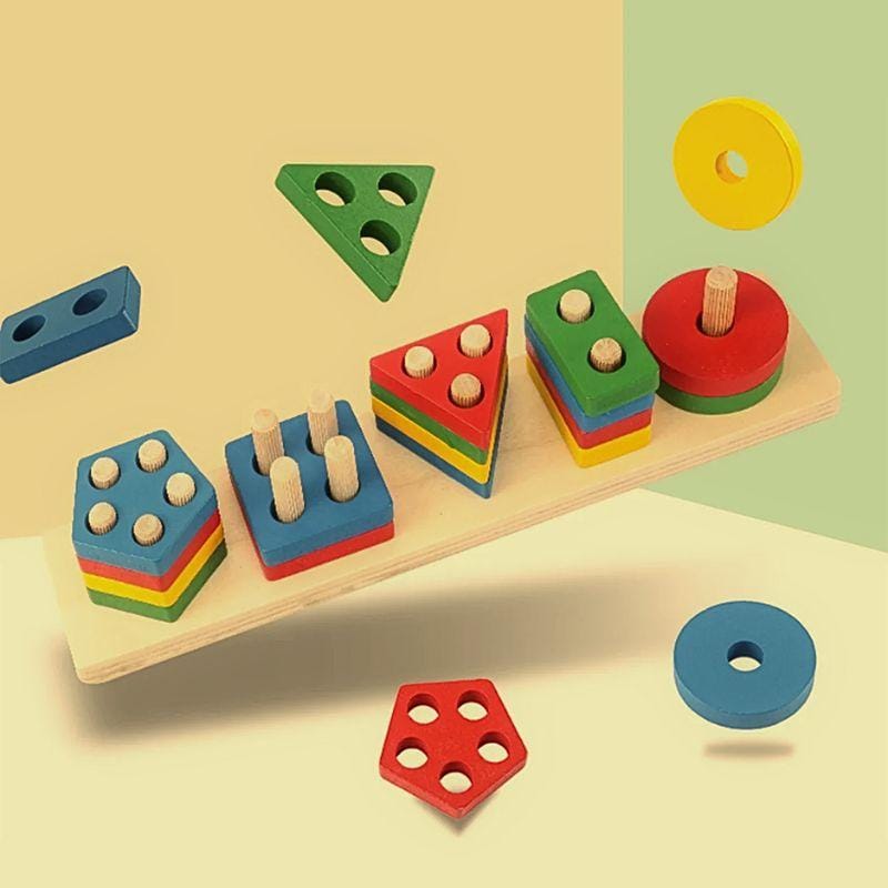 Montessori-jeux Formes Géométriques en Bois | Domino Couleurs Franches